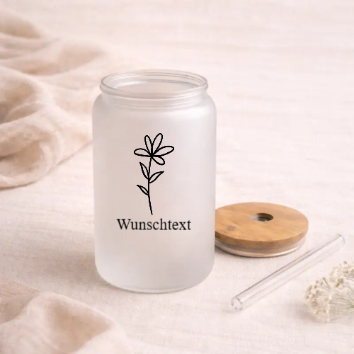 Frosted Trinkglas mit Bambusdeckel + Strohhalm mit Wunschtext + Motiv